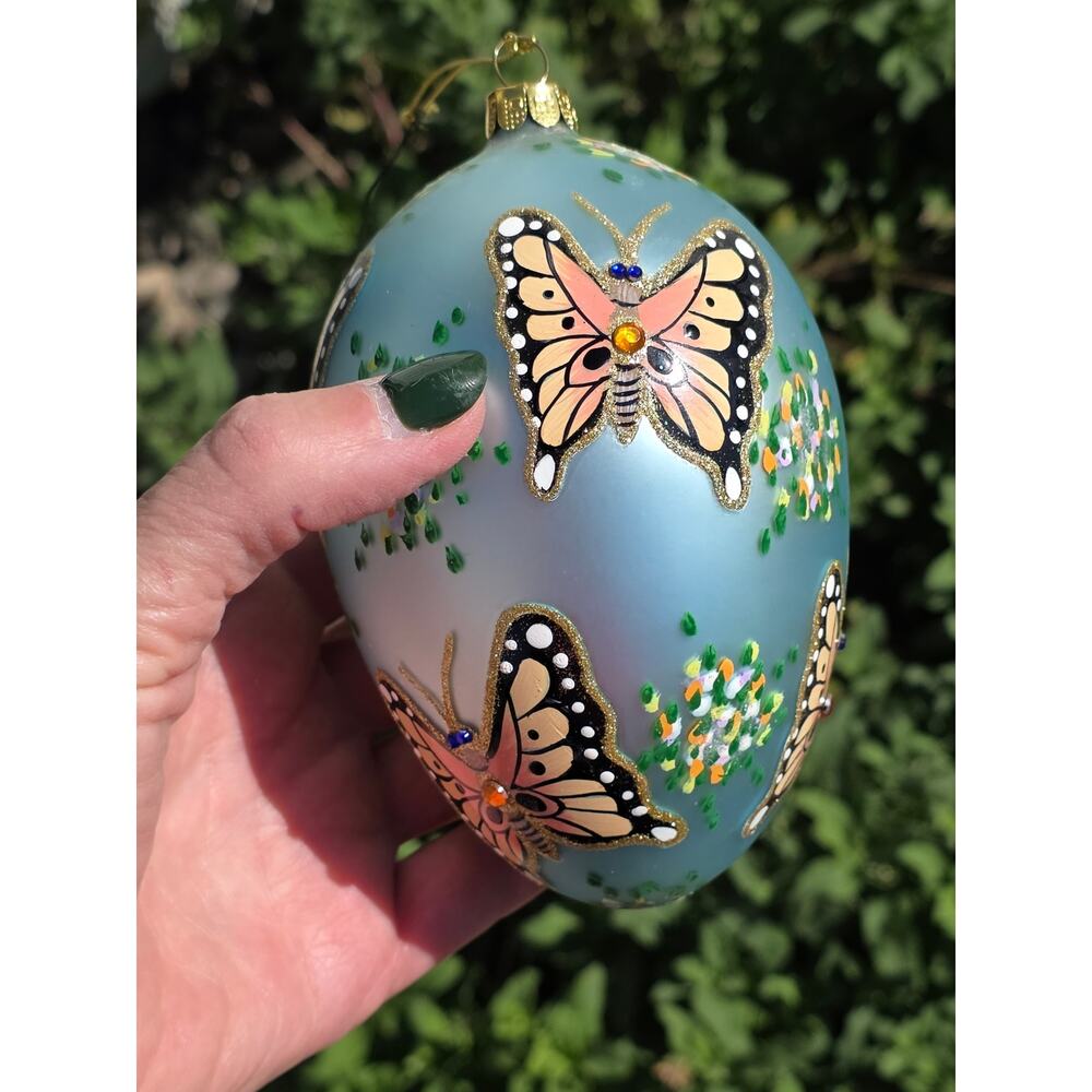 VTG Joan Rivers Blown Glass Monarch Butterfly Hand-Painted Blue Floral Ornament